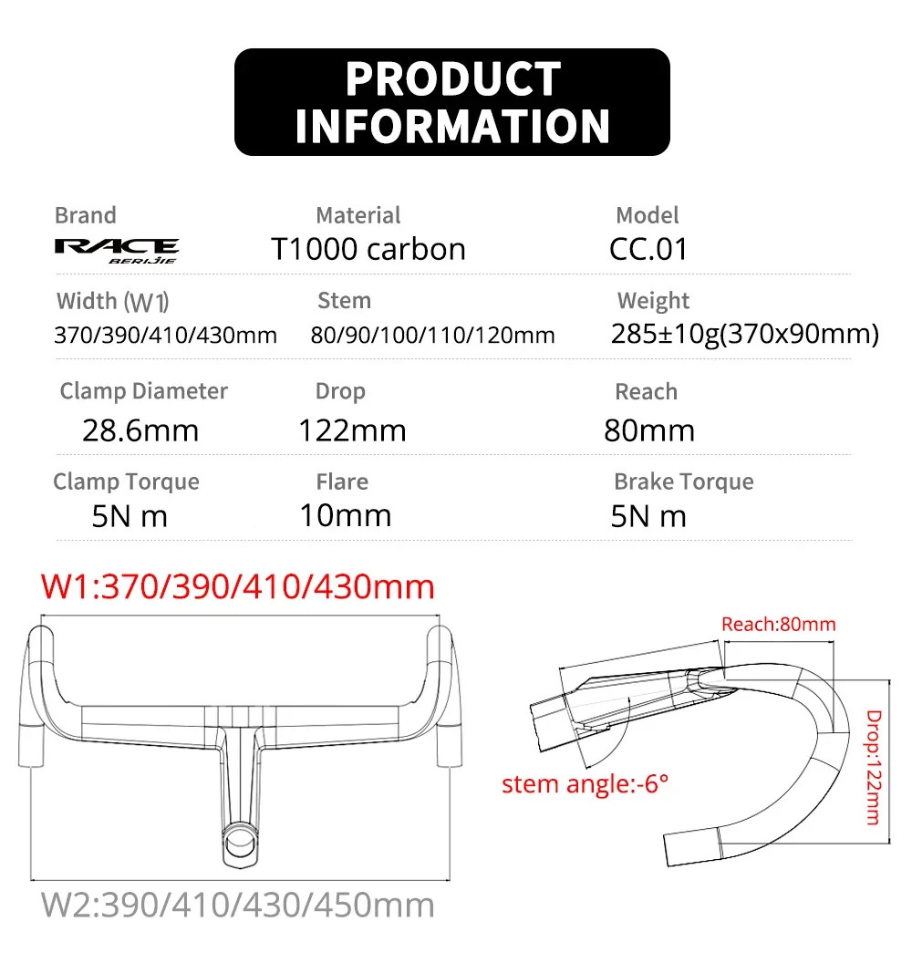 Carbon Road Bicycle Handlebar for Internal Cable Integrated Cockpit 370mm-430mm