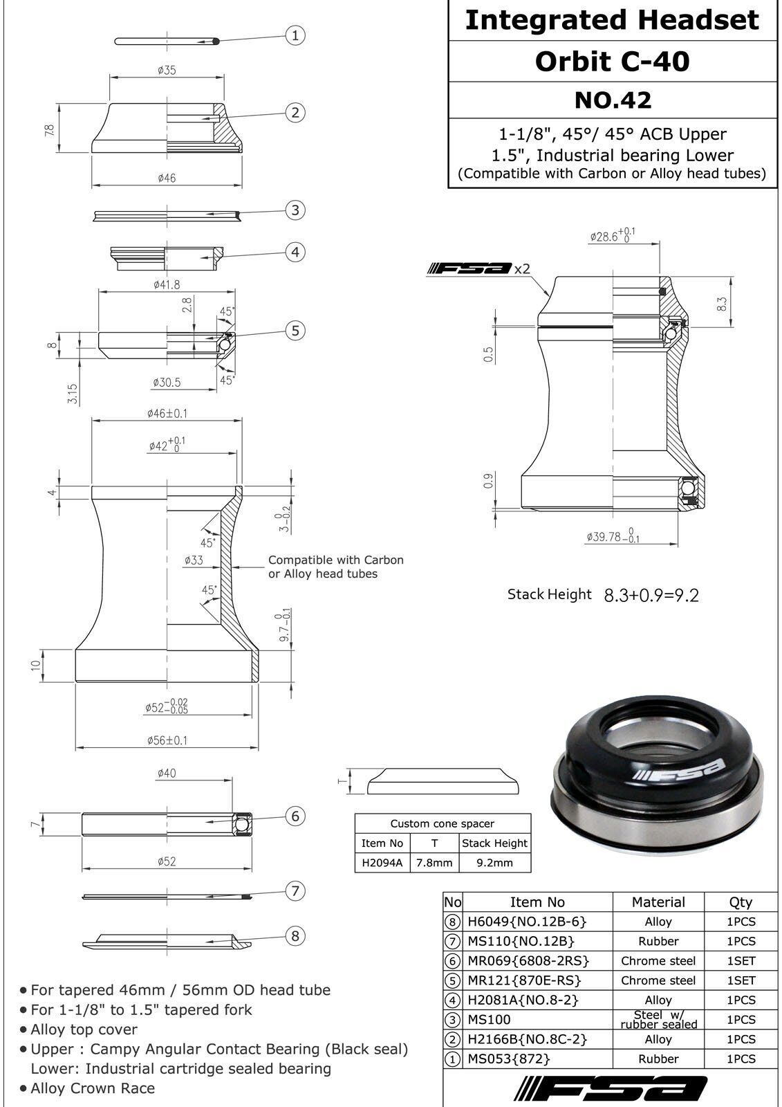 FSA ORBIT C-40 Integrated 1-1/8″ – 1.5″ ID 42 / 52 mm Tapered Headset , Red