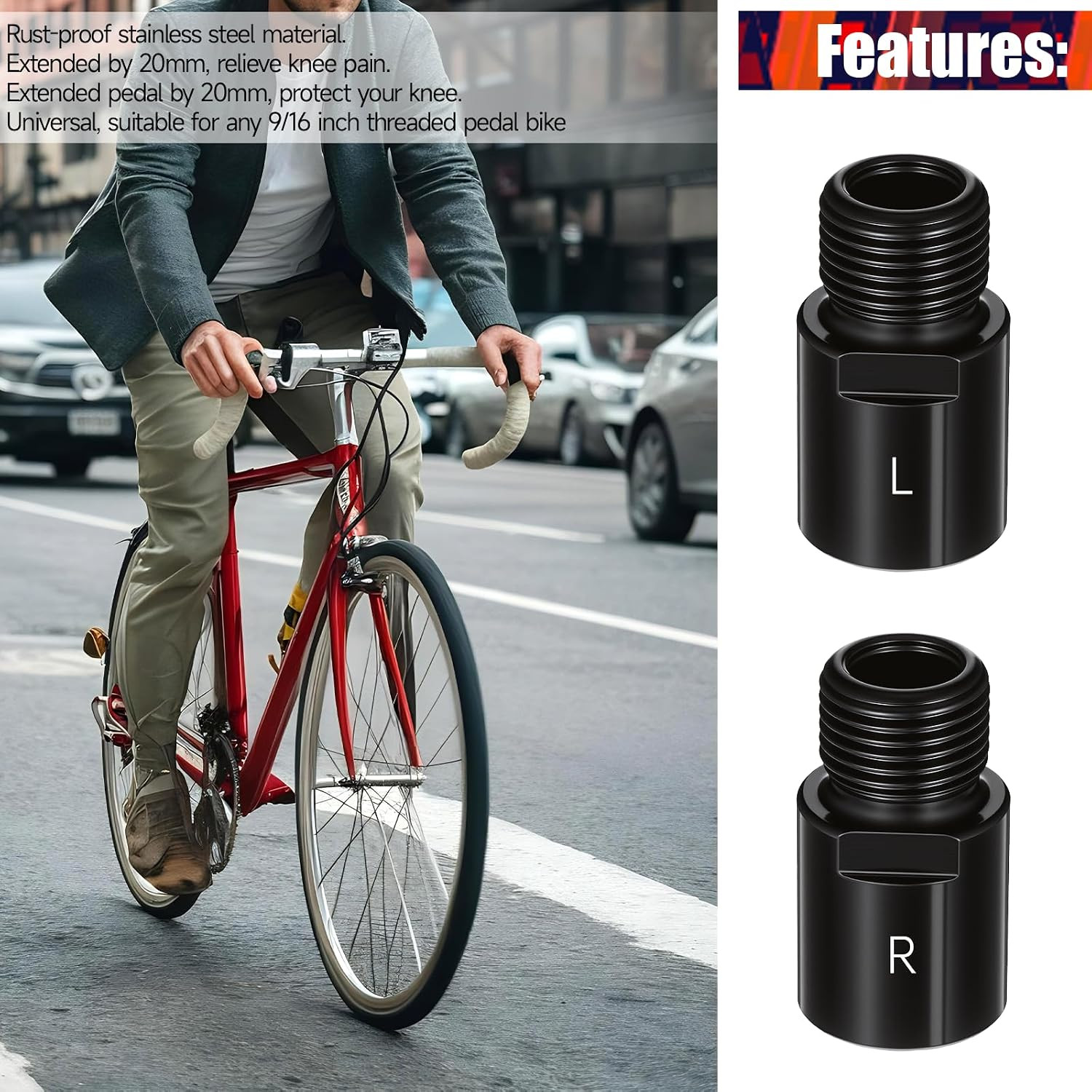 Bike Pedal Extenders, Black Steel Bicycle Pedal Adapter Extended Fit 9/16 Inch S
