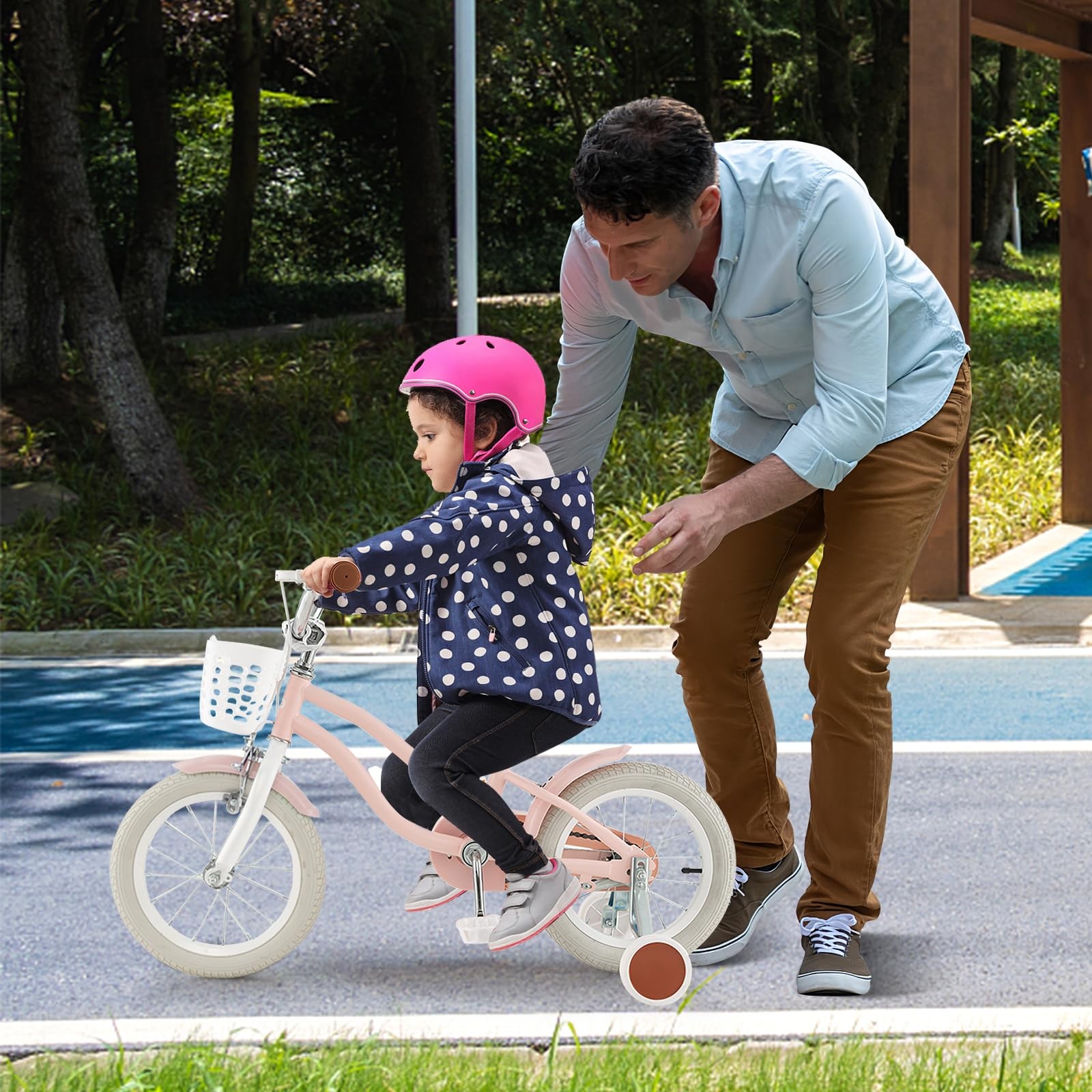Honey Joy Kids Bike 14 Inch Pink Toddler Bikes W/Training Wheels Brake Fully