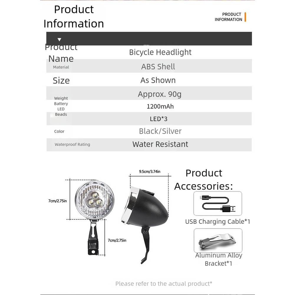 Waterproof USB Bicycle Headlight 3 LED Front Light with Adjustable Bracket