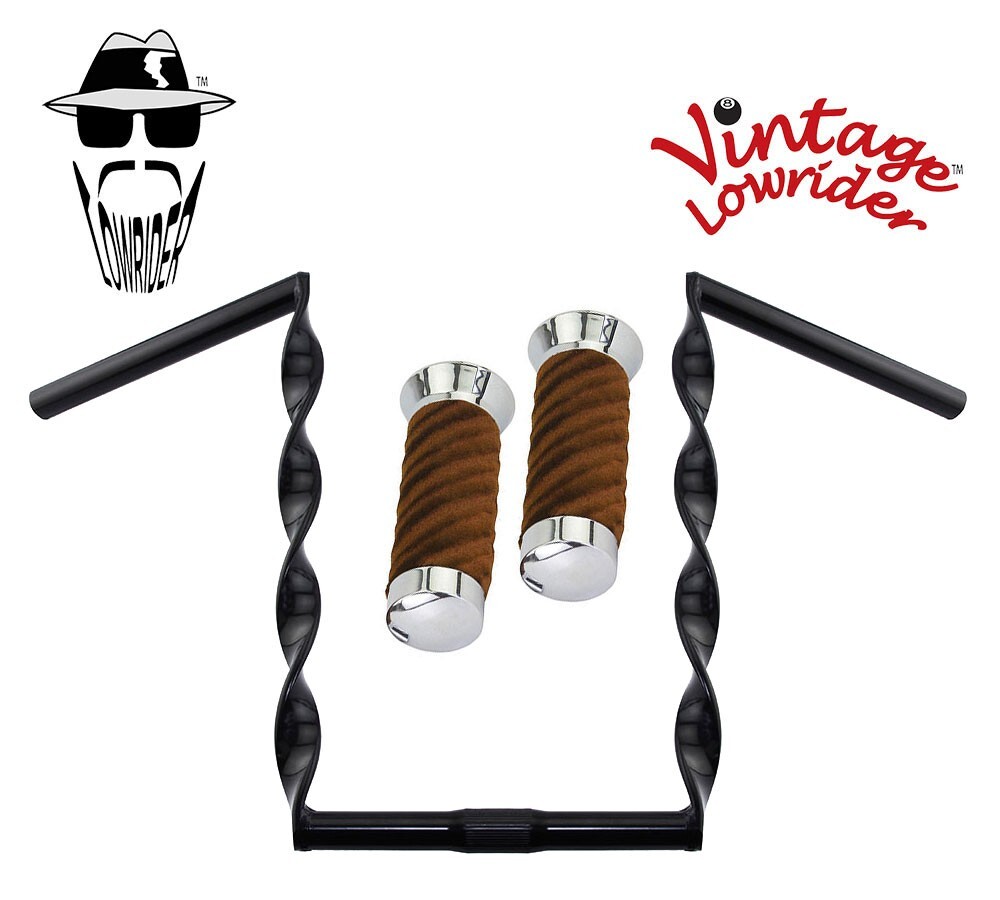 Vtg Lowrider Handlebar Flat Twisted 15″ 25.4mm Black & Grips Velour Swirl Brown.