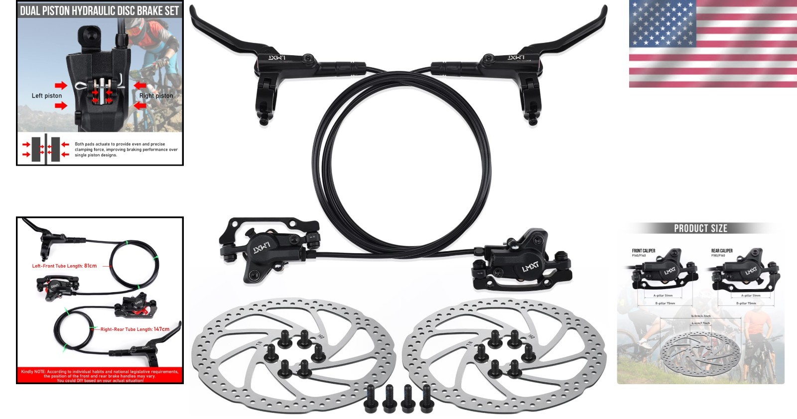 Left Front & Right Rear Brake Kit, Hydraulic Disc Brake Set