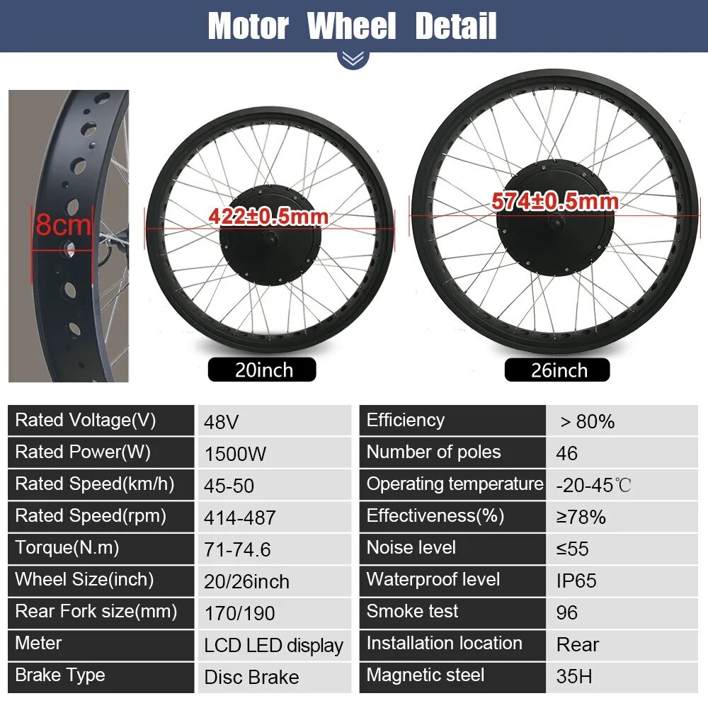 Snow E-bike Conversion Kit 20/26in 48V 1500W Rear Rotate Hub Motor Wheel