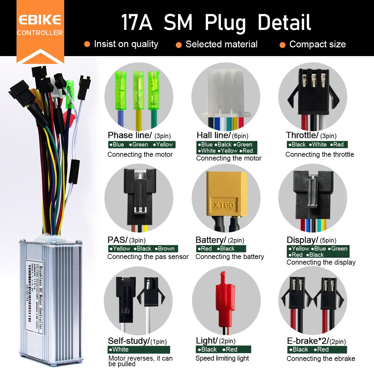 E-Bike Sine Wave 17A26A30A40A Controller 24V-52V 250W-2000W Motor + LCD Display