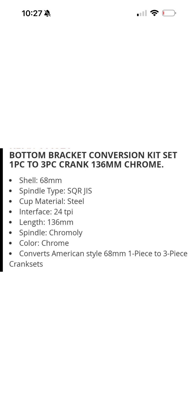 BICYCLE BMX BOTTOM BRACKET Euro CONVERSION KIT SET 1PC TO 3PC CRANK 136MM Chrome