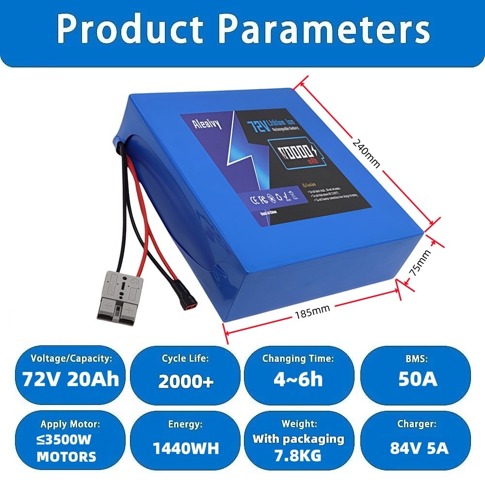 Aleaivy 72V 20Ah Electric Battery Lithium Battery Pack for 250W~2000W + 5A Char