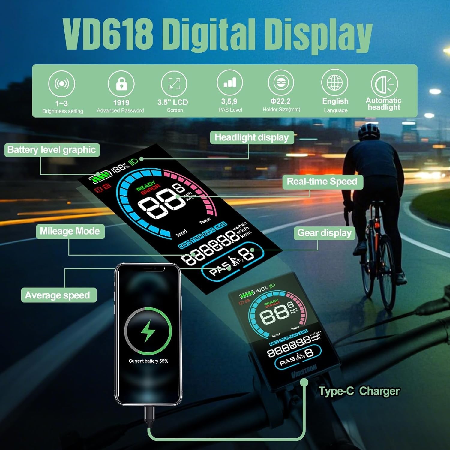 E-Bike Display VD618 3.5″ Screen CAN Protocol for Bafang CANBUS Mid-Drive Motor