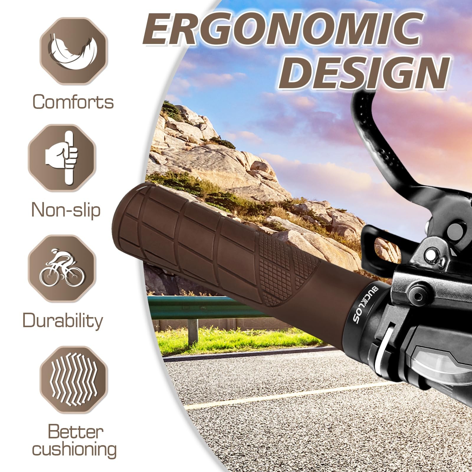 BUCKLOS Single Lock on Bike Handlebar Grips – Mountain MTB cm, Brown
