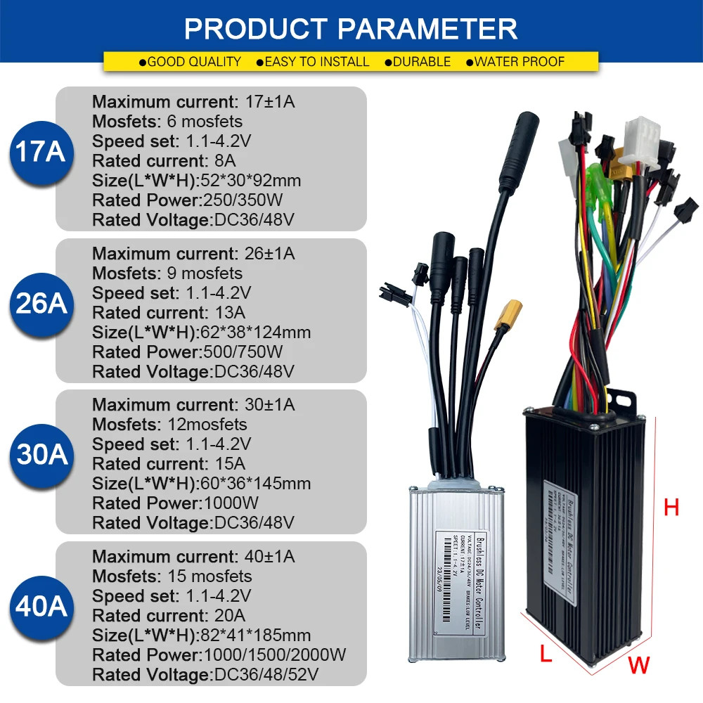 Ebike 3-mode Sine Wave Controller 17A/26A/30A/40A for 250W-3000W Brushless Motor