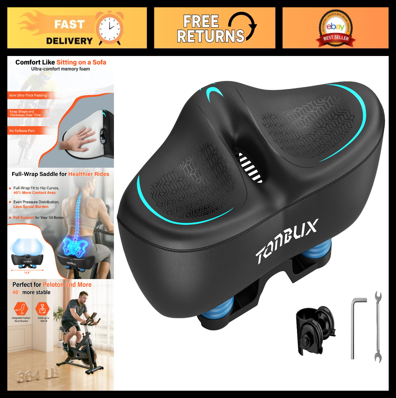Comfortable Wide Bike Seat Cushion for Men & Women, 6cm Padding, Large Peloton &
