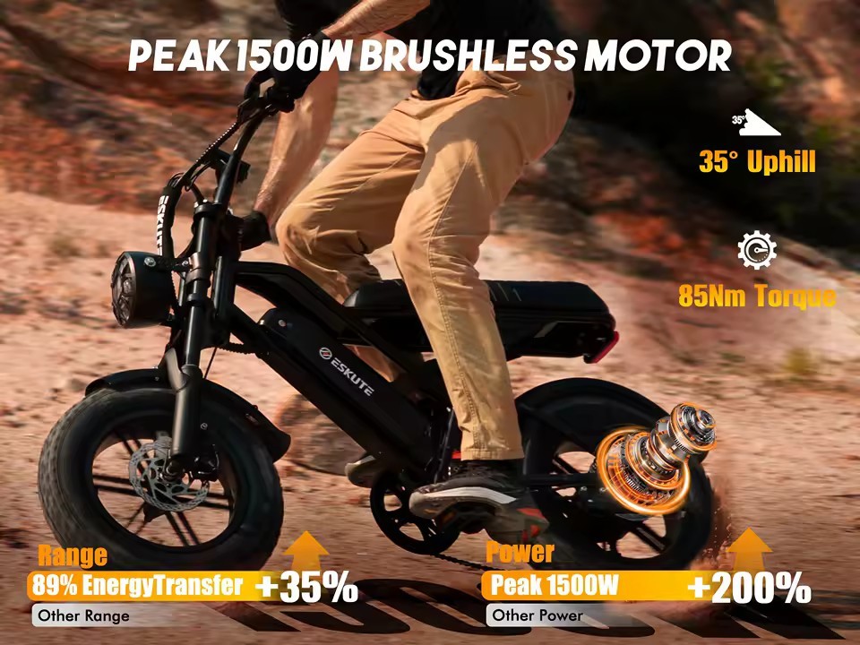 Eskute V100 Electric Bike 1500W Peak 28MPH 48V13Ah Motorcycle 16 X4 Fat Tire New