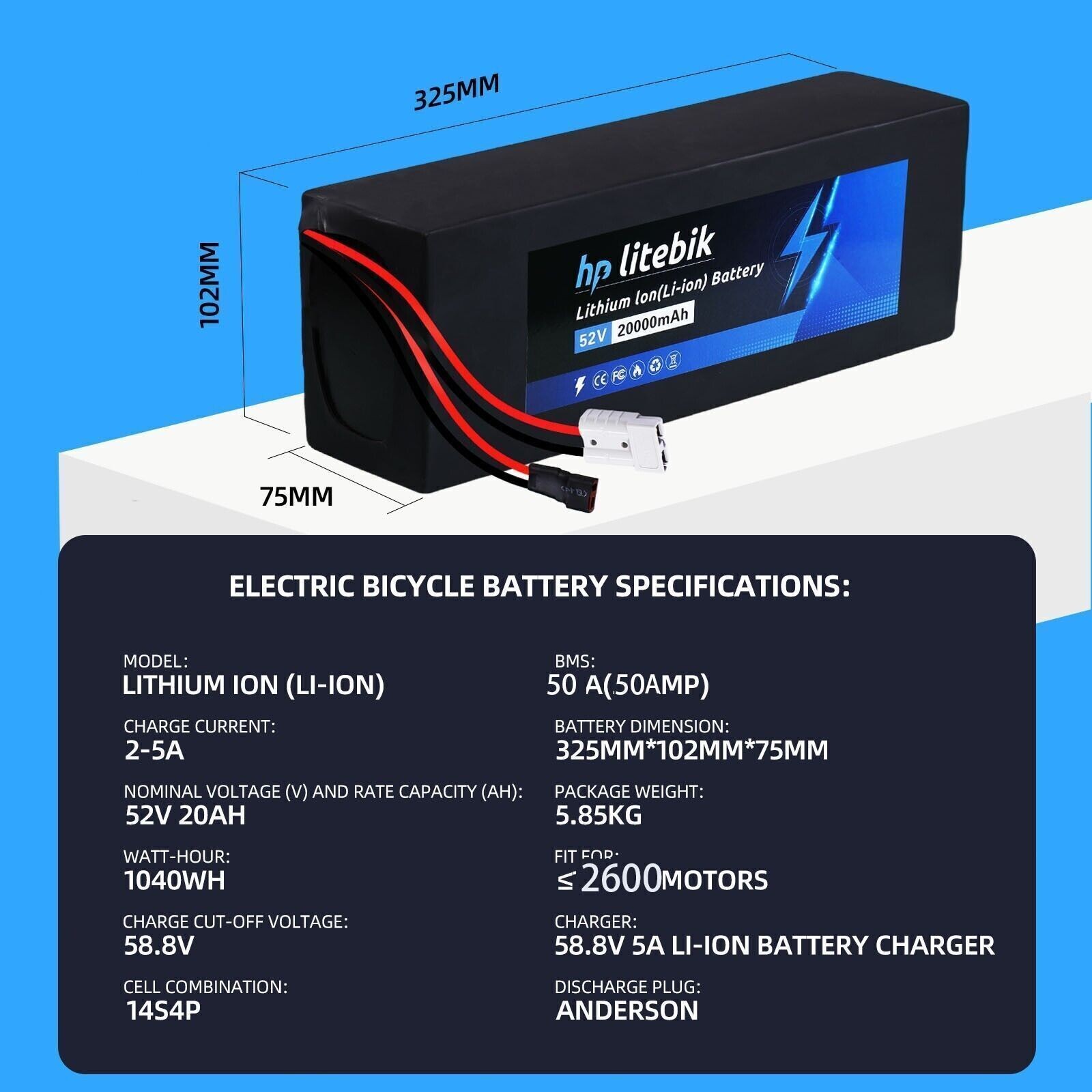 52V 20Ah 30Ah Lithium-ion ebike Battery 200W-2600W Scooter Electric Bicycle Bike