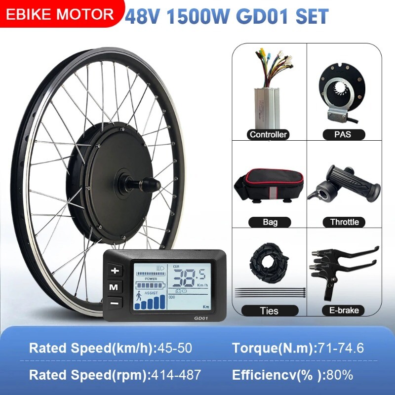 48V 1500W Electric Bike Conversion Kit Mountain Bike Rear Rotate Wheel Hub Motor