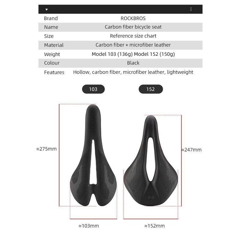 ROCKBROS Bicycle Carbon Fiber Seat Saddle Racing Saddle Seat Road Mtb Superlight