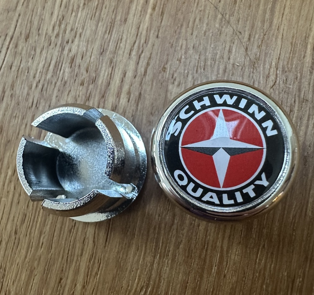 Vintage Style SCHWINN RED SILVER, CHROME PLASTIC 3D Bar Plugs, Handle Bar