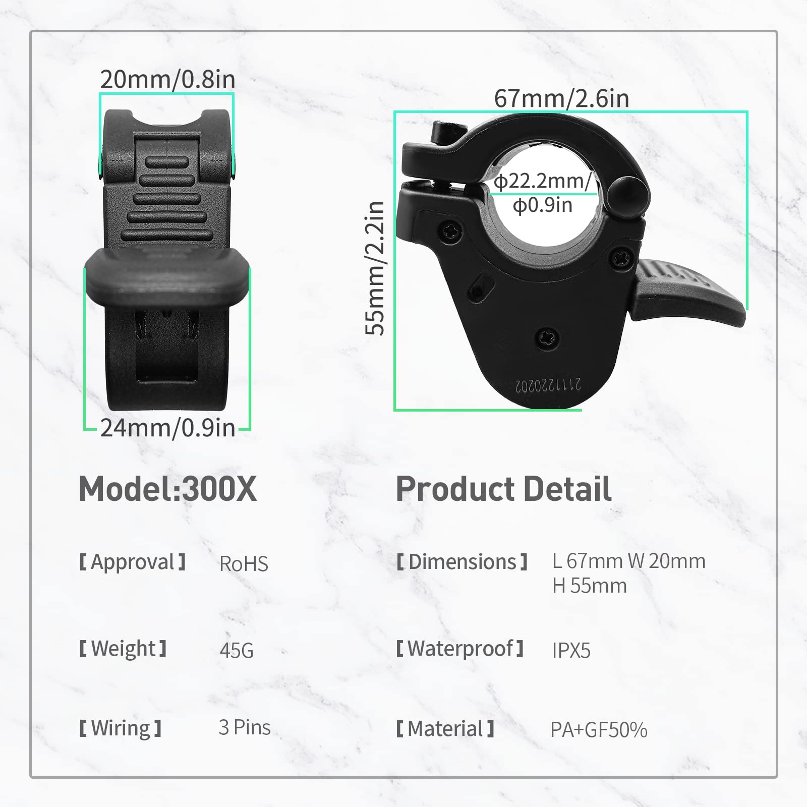 E-Bike 300X Thumb Throttle 3PIN Female Waterproof Plug Throttle for 12V-72V B…