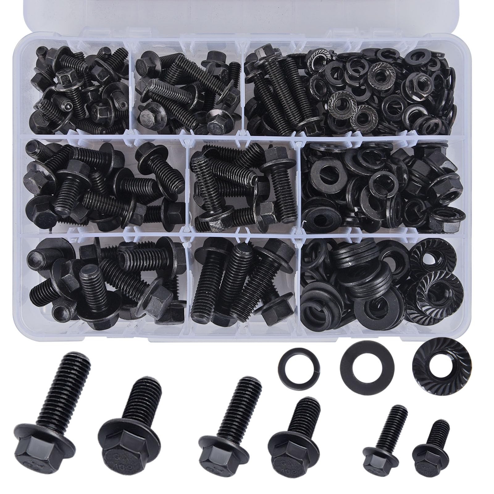 Gternity 292PCS M6 M8 M10 Flange Bolts Nuts Assorted Hex One Size, Black