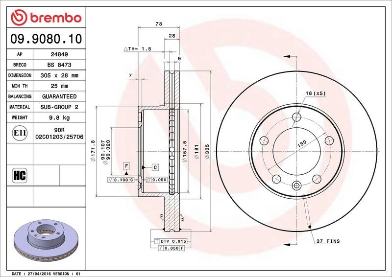 Brake discs Brembo for Nissan Interstar dCi 80 09.9080.10 (1 set-1 piece)
