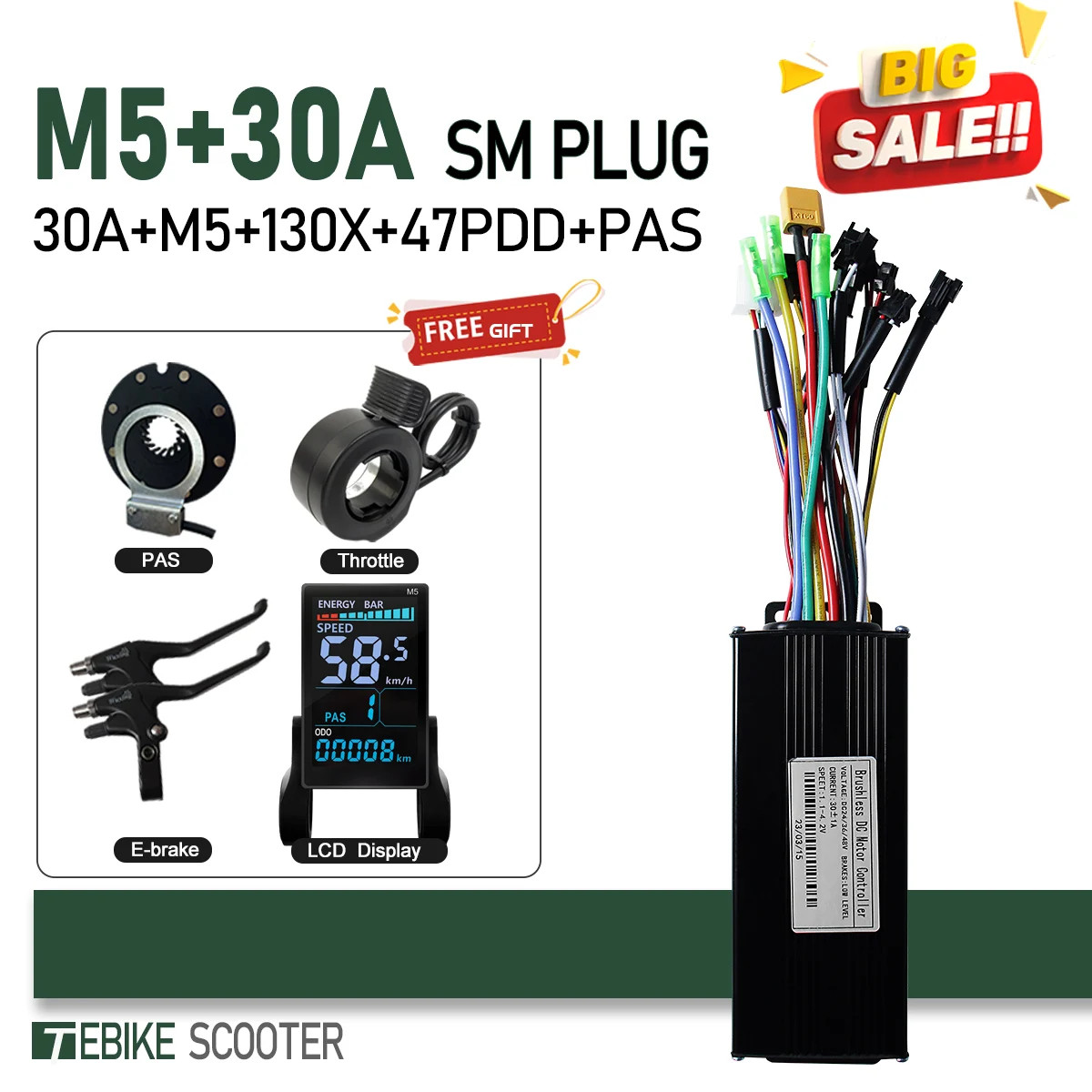 E-bike Sine Wave 3 Mode Controller Set 17A 26A 30A 40A with Color M5 Display