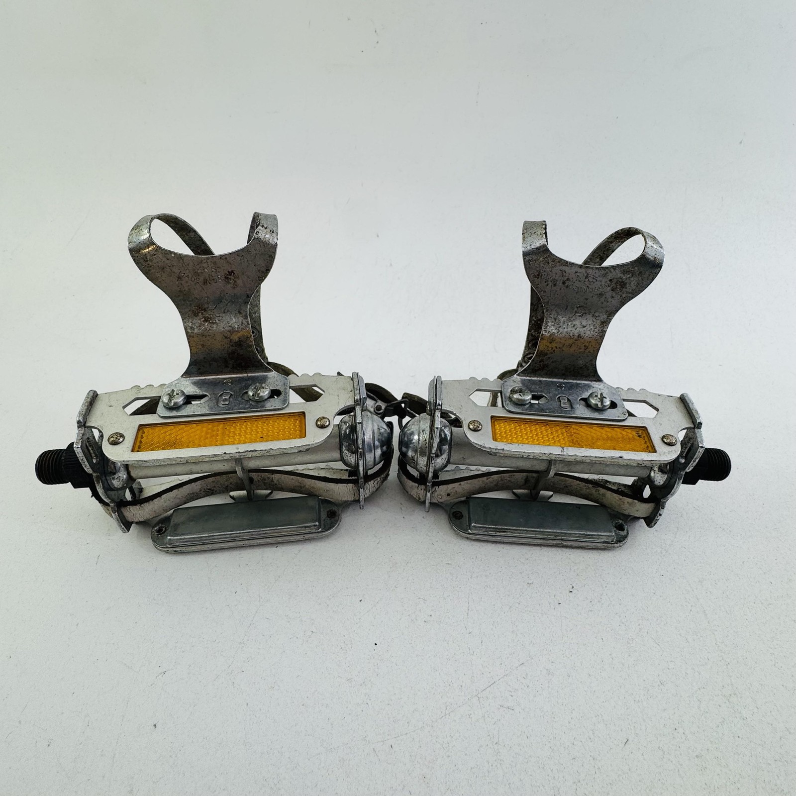 Vintage MKS K11A Platform Pedals Christophe Toe Clips Straps 9/16 In Silver A96