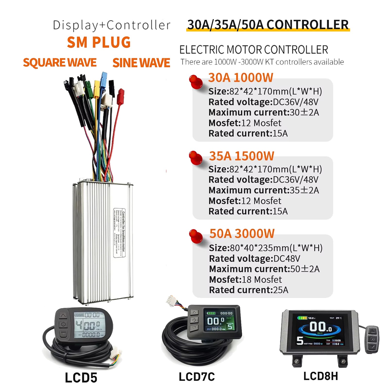 E-Bike 36V/48V KT 1000W-3000W 30A-50A Brushless Motor Controller +LCD Display