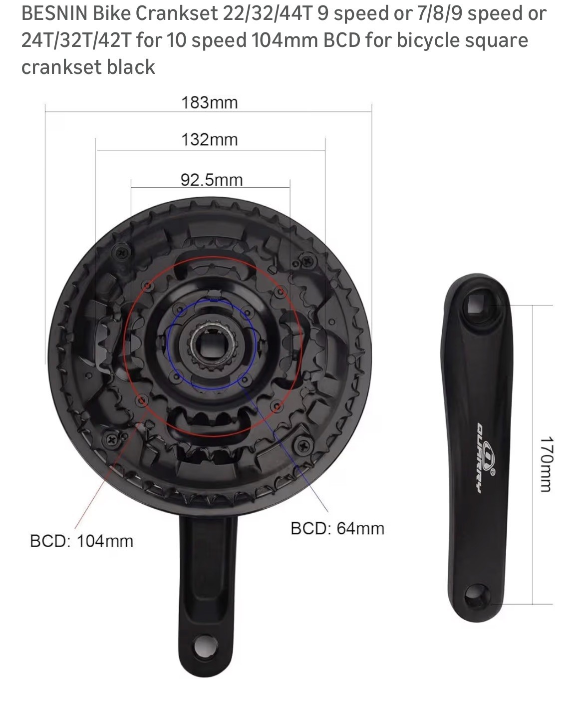 Prowheel Bike Crankset 22/32/44T 9 speed or 7/8/9 spd or 24T/32T/42T for 10 spd