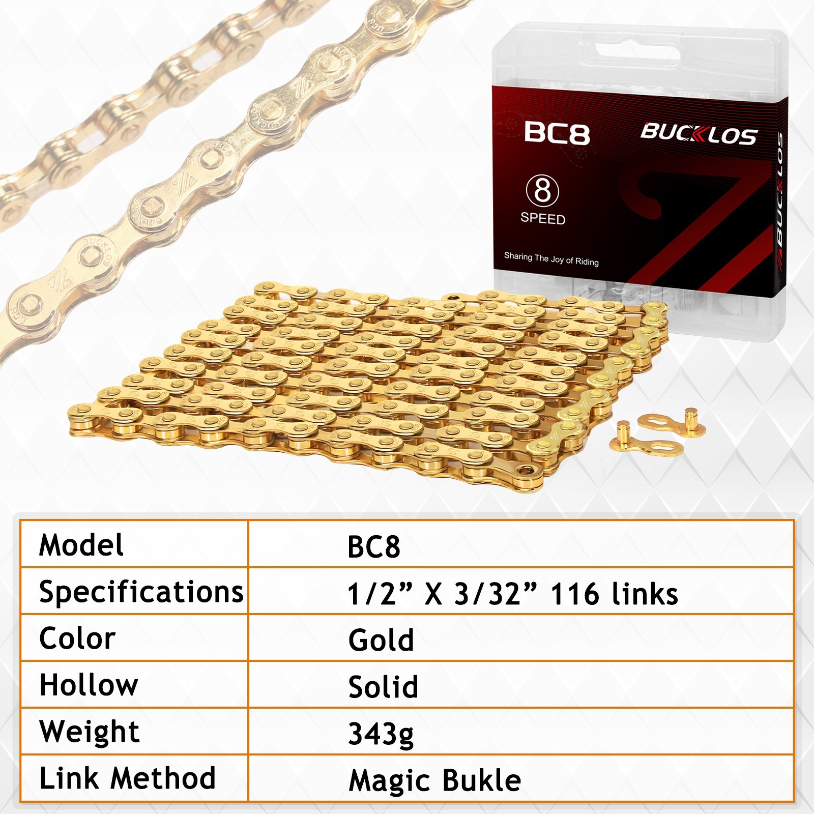 BUCKLOS BC8 8-Speed 116 Link Chain MTB BMX Road Bicycle for KMC Shimano Gold US