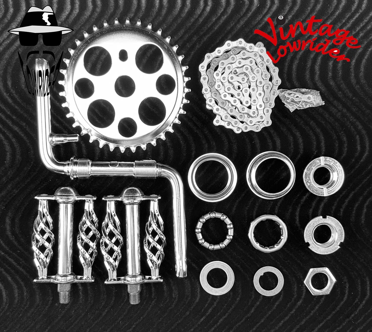 VINTAGE LOWRIDER CHROME CRANK PACKAGE, CAGE TWISTED PEDALS 20″ LOWRIDER BICYCLES