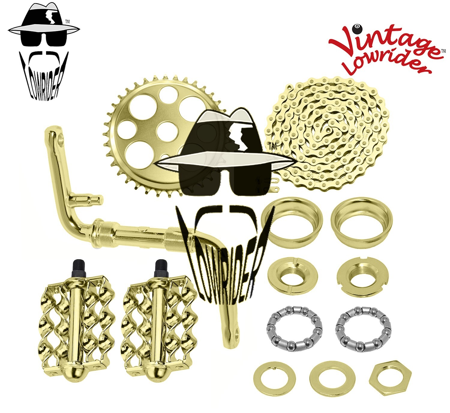 Vtg LOWRIDER – Regular CRANK PKG – Lucky 7 Double Flat Twisted Pedal Gold