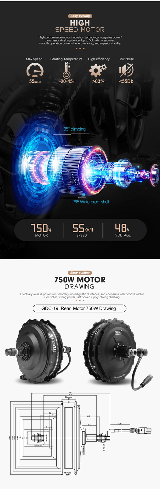 48V 750W Mountain E-bicycle High Speed Rear Brushless Gear Hub Motor Wheel Drive