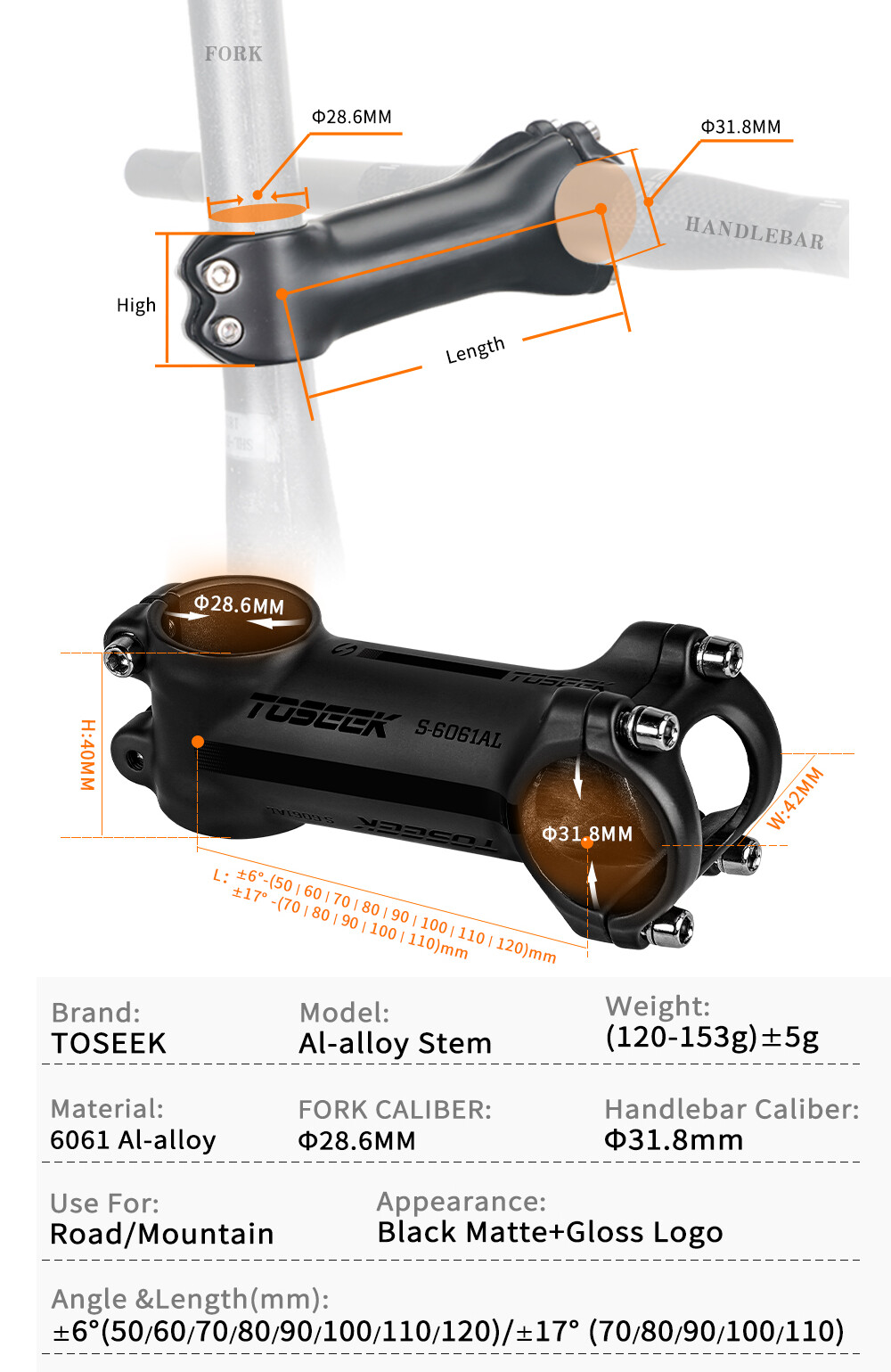 TOSEEK Bicycle Handlebar Stem 6°/17° Aluminum MTB Road Bike Stem 31.8*60-120mm
