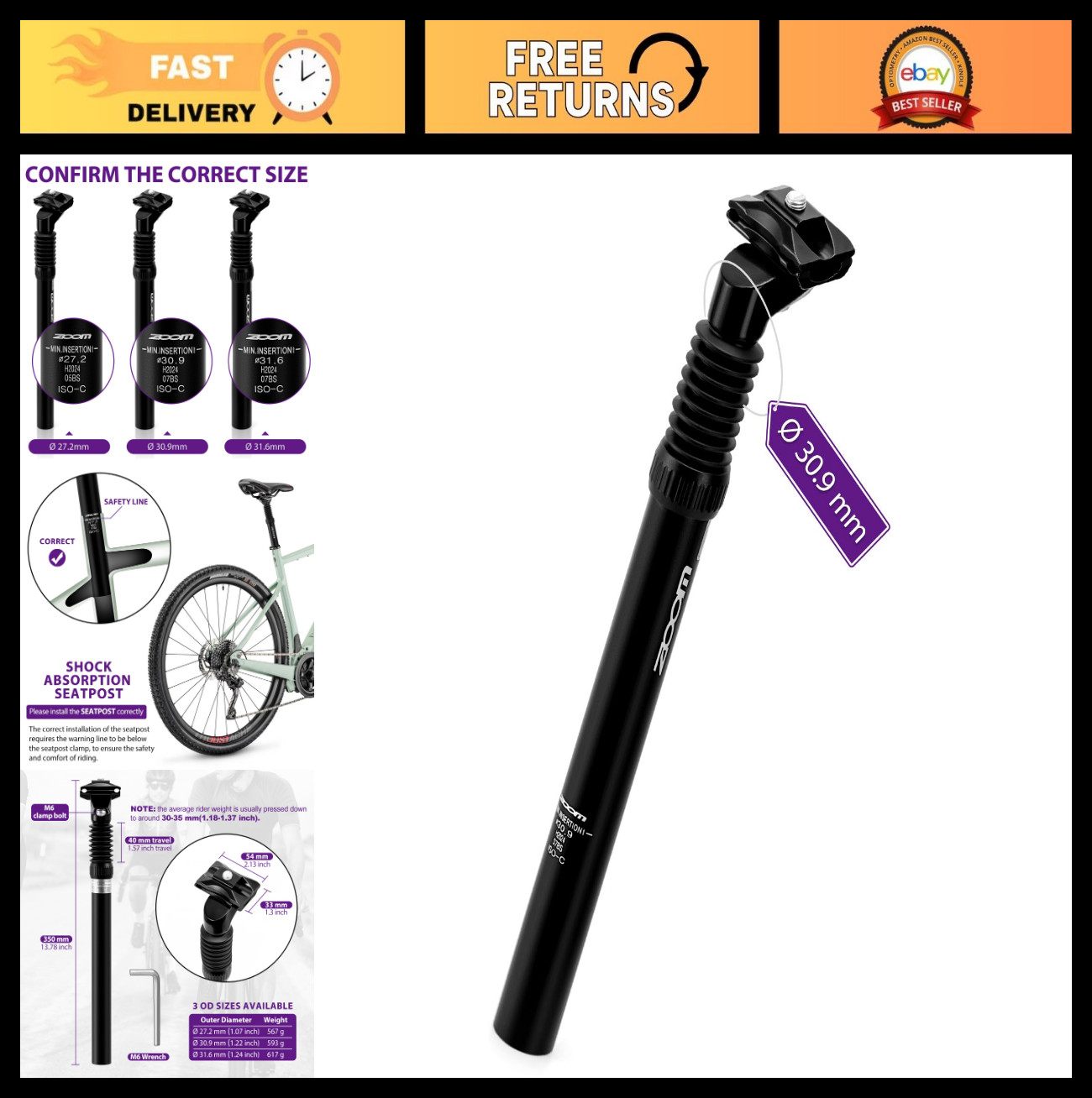 Adjustable Bike Suspension Seatpost 27.2/30.9/31.6mm 350mm Shock Absorber for E-