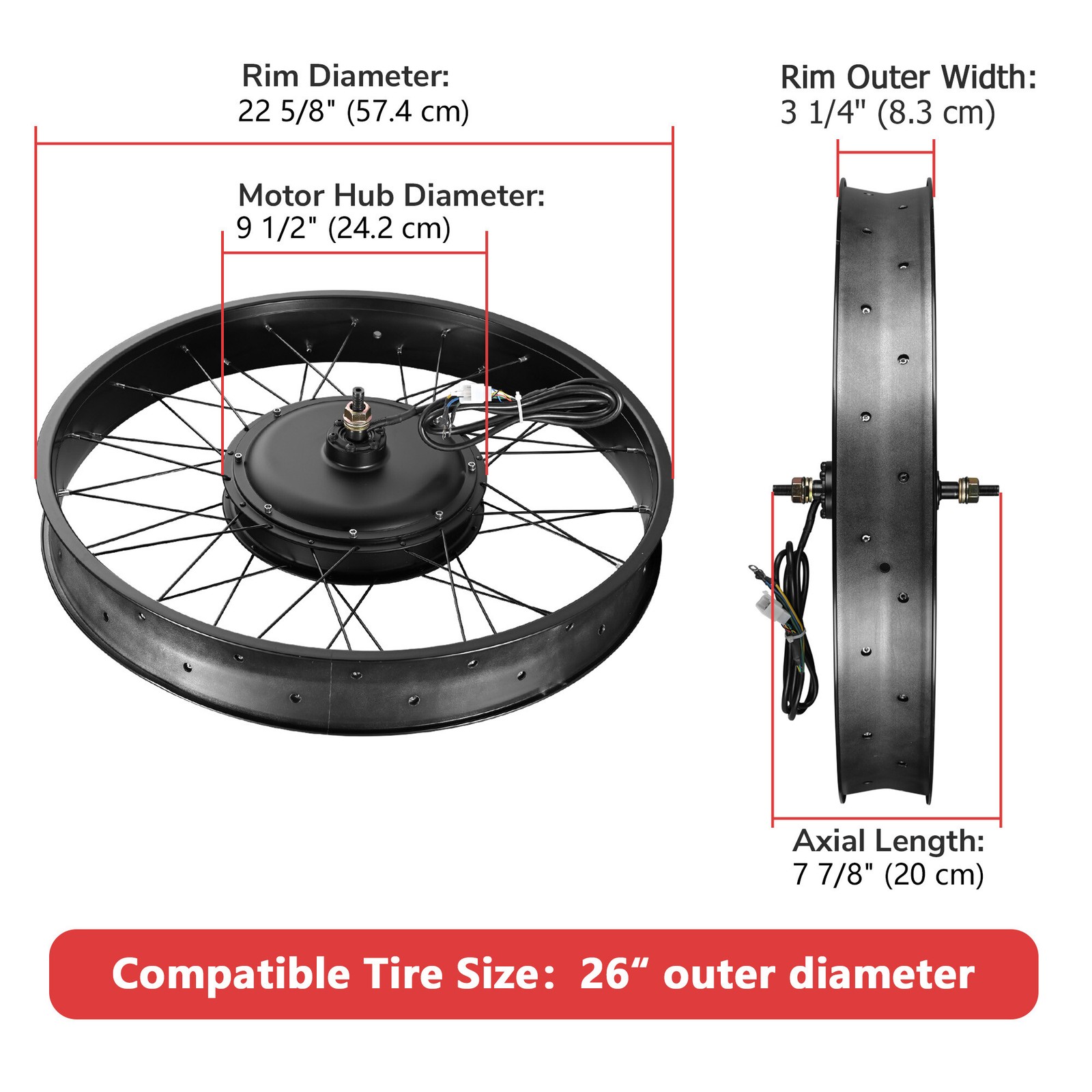 Yescom 26″x4″ Fat Tire 48V Ebike Front Wheel Bicycle Conversion Kit LCD 1500W