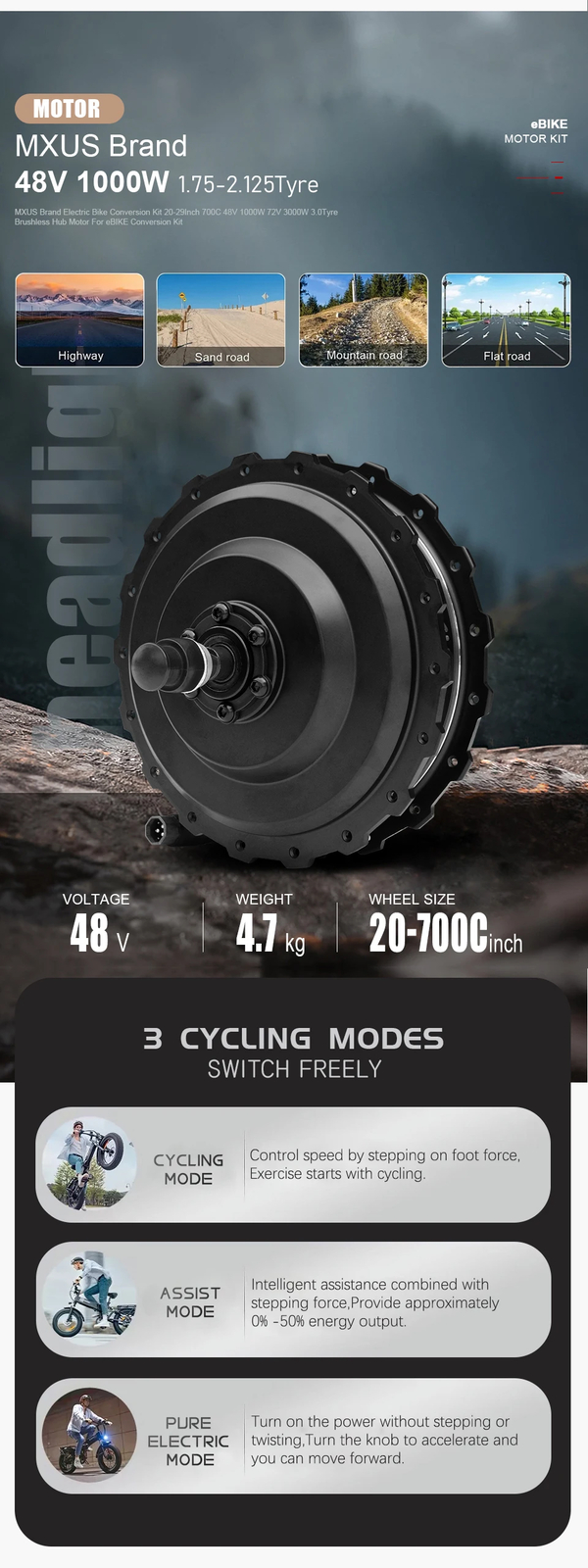 Electric Bike Conversion Kit 48V 1000W High Speed Brushless Hub Motor Wheel