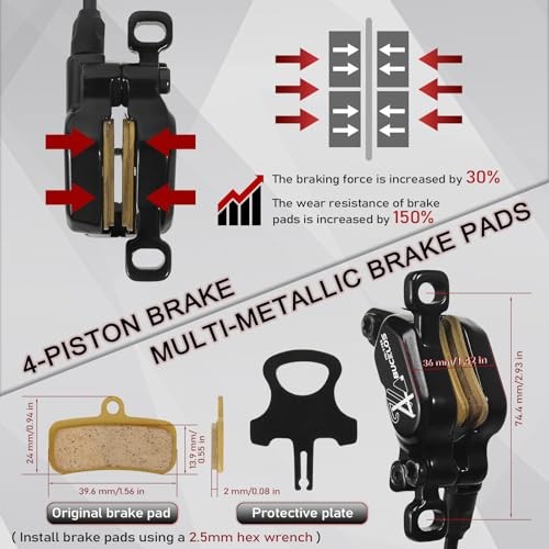 MTB 4 Pistons Hydraulic Disc Brake Set, Mountain Bike Left Front 850 mm Rear