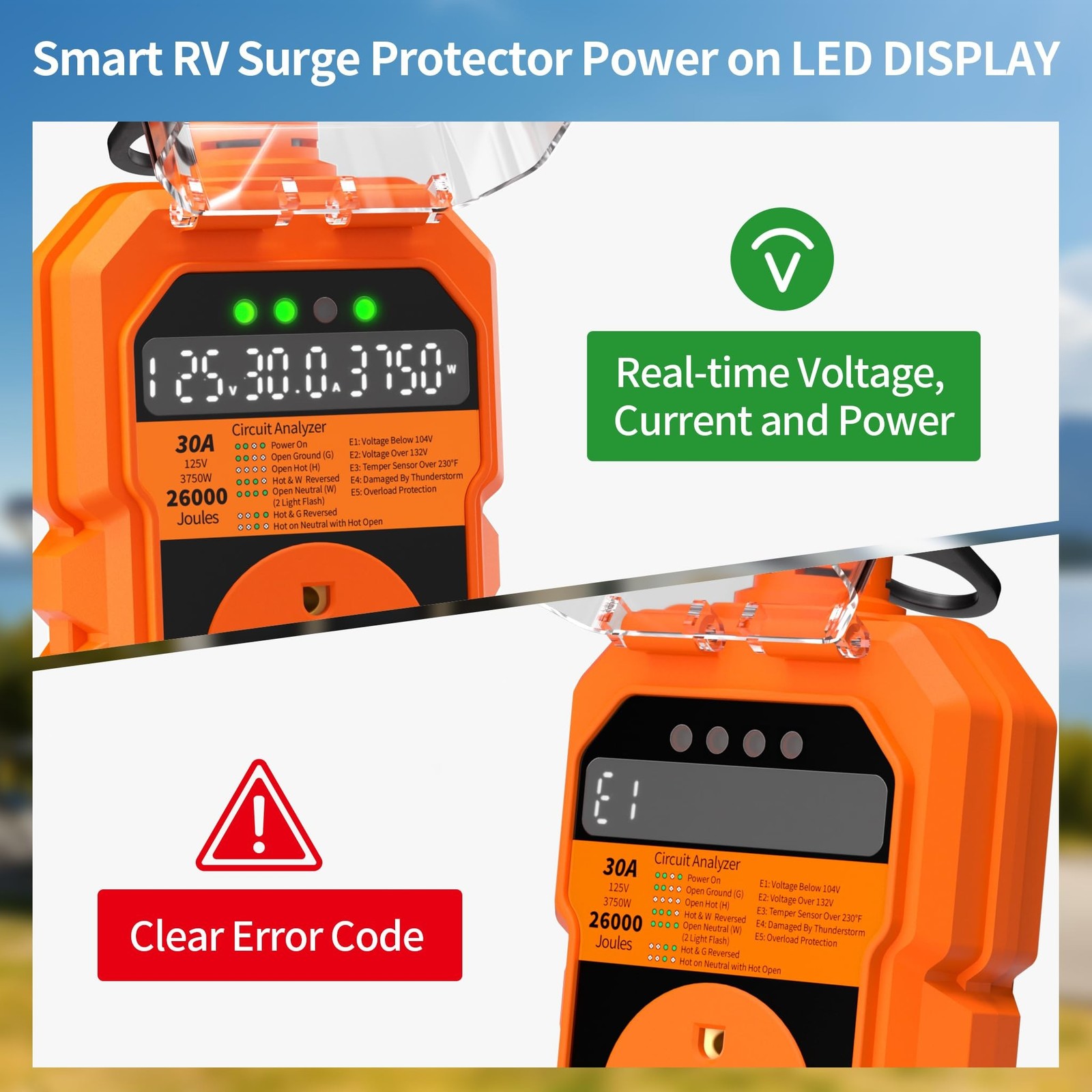 30 Amp RV Surge Protector 26000J Overload Auto Shutoff & Manual Reset | LED D…