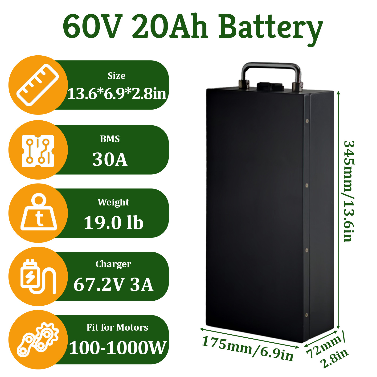 60V 20Ah Fat Tire Ele ct ric Scoo ter Battery for 100-1000W Motorcycles