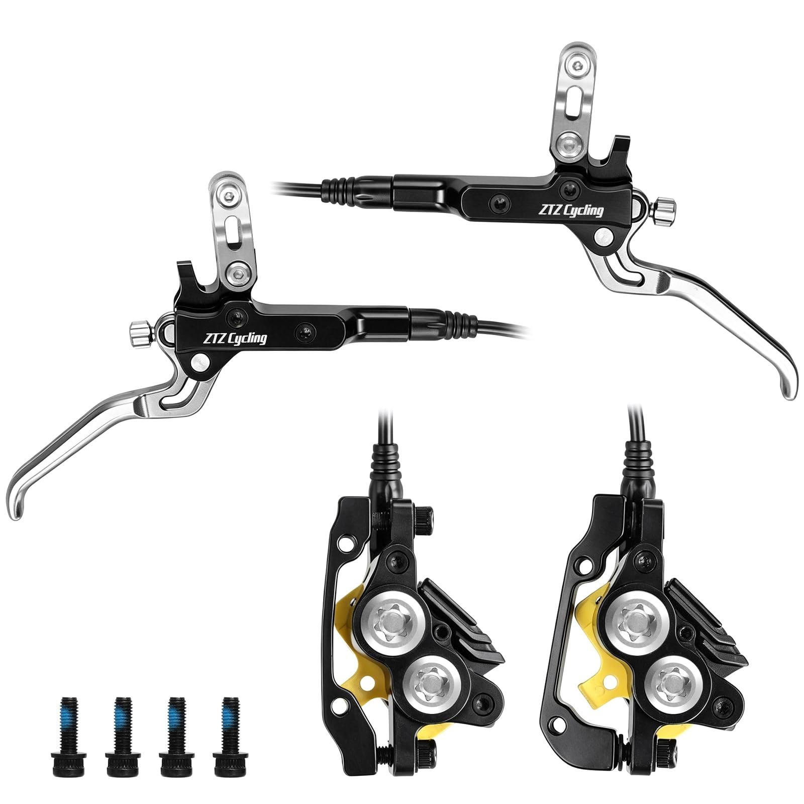 Hydraulic Disc Brake Set for MTB, 4 Piston, Ceramic Pads, 850mm & 1550mm Hoses,