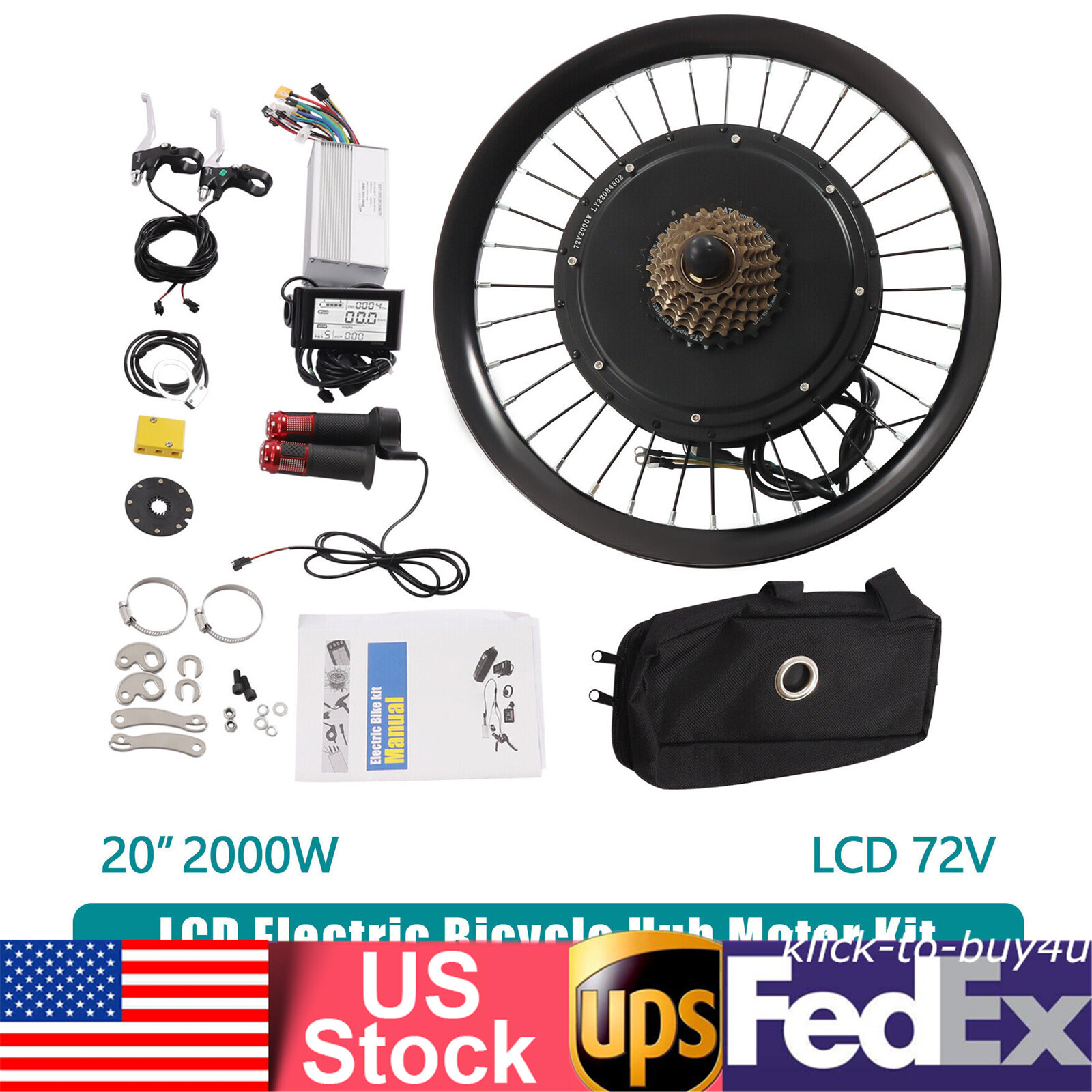 72 V 2000 W Electric Bike Rear Wheel Motor Kit 20″ E-Bicycle Conversion Kit LCD