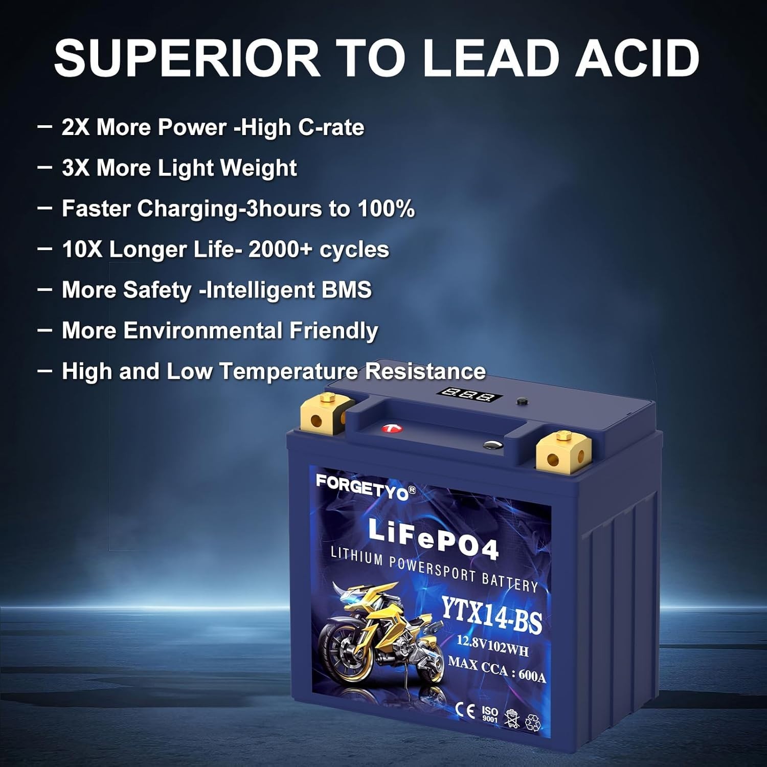 Lithium Motorcycle Battery, ATV Battery 12V 8AH 600CCA Compatible with YTX14-BS