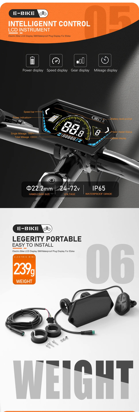 E-bike Display 24V36V48V52V60V72V LCD Color Display SM/Waterproof Plug Display