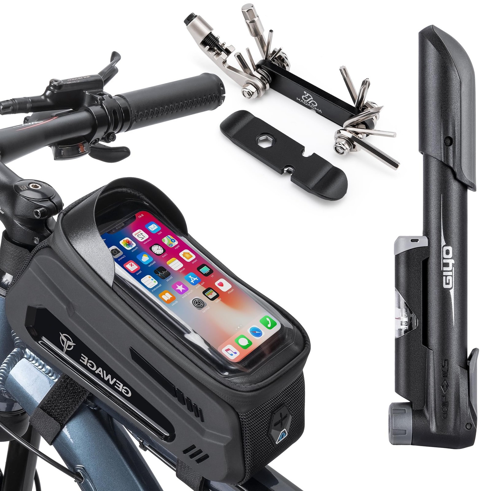 GEWAGE Bicycle Phone Mount Bag & Bicycle Tire Pump, Bike Multitool with Tyre …