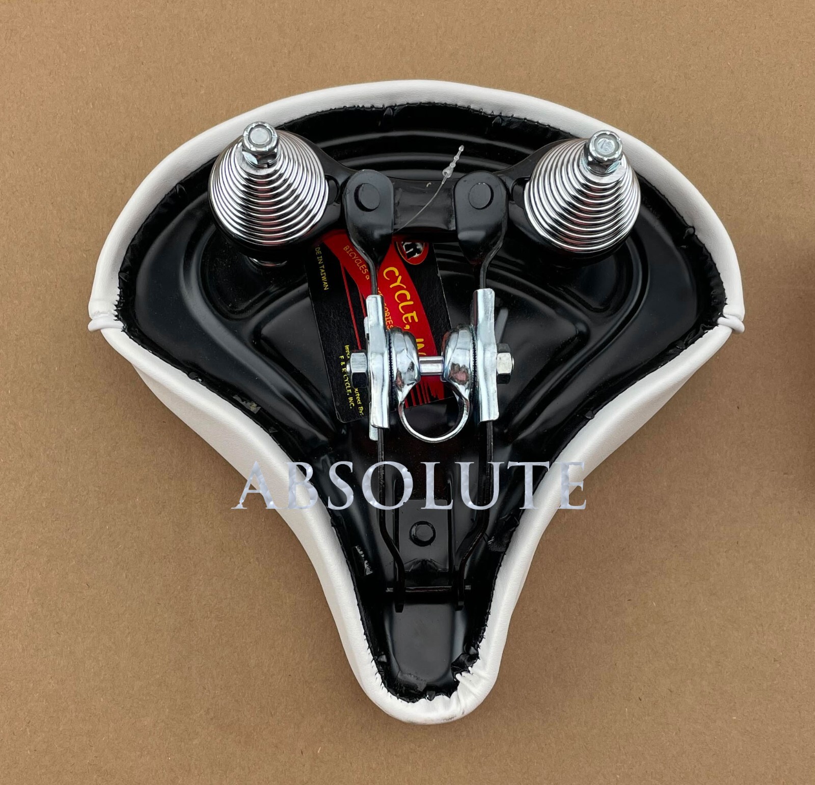 NEW! ABSOLUTE BEACH CRUISER VINYL SADDLE 209 IN ALL WHITE W/ WHITE CUSTOM GRIPS.