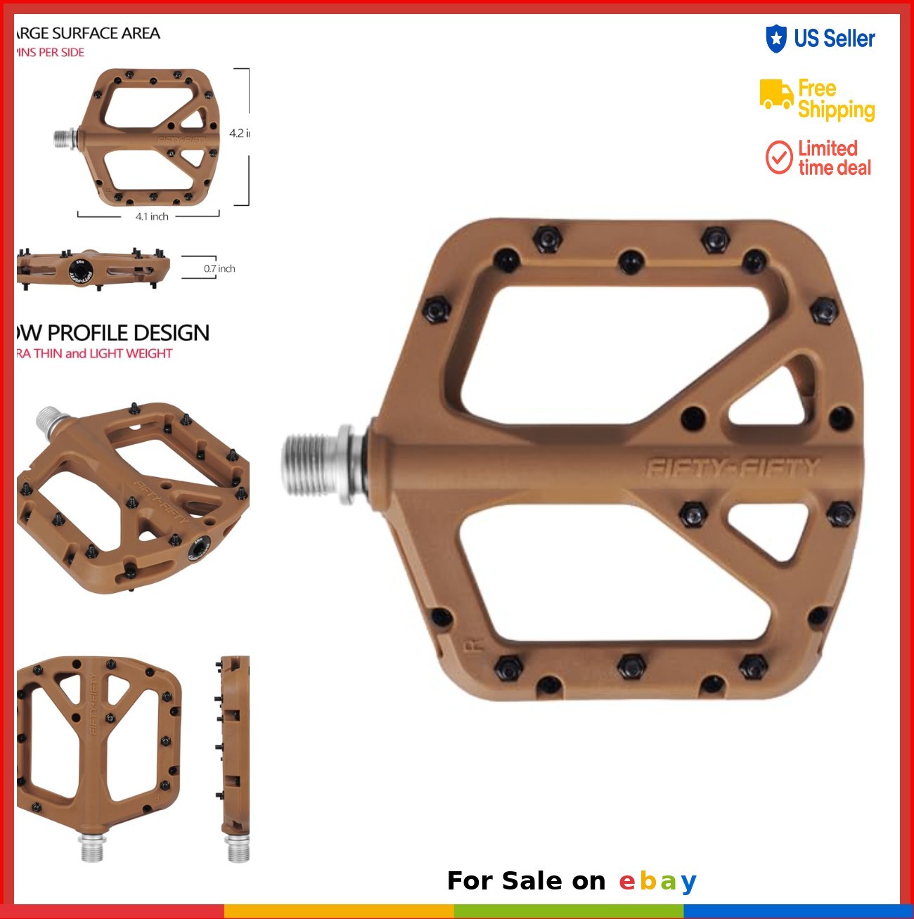 Mountain Bike Pedals 9/16 Inch Flat Platform Nylon Composite Non-Slip Steel Pins