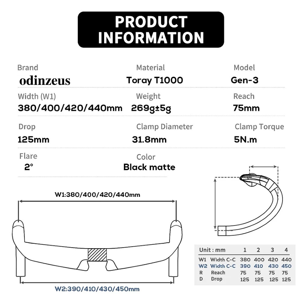 Carbon Fiber Road Bike Handlebar DI2 Flare 2° Cockpit 380mm 400mm 420mm 440mm