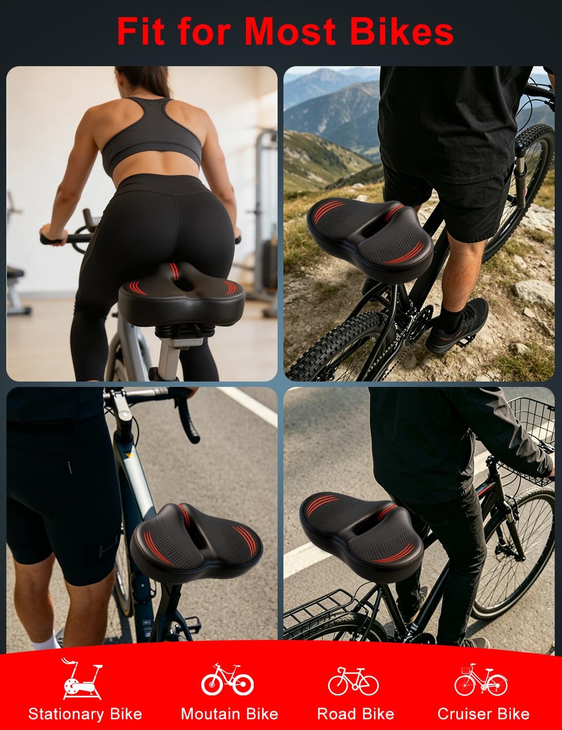 Noseless Oversized Bike Seat Replacement, NEW Comfortable Extra X-Large, Red