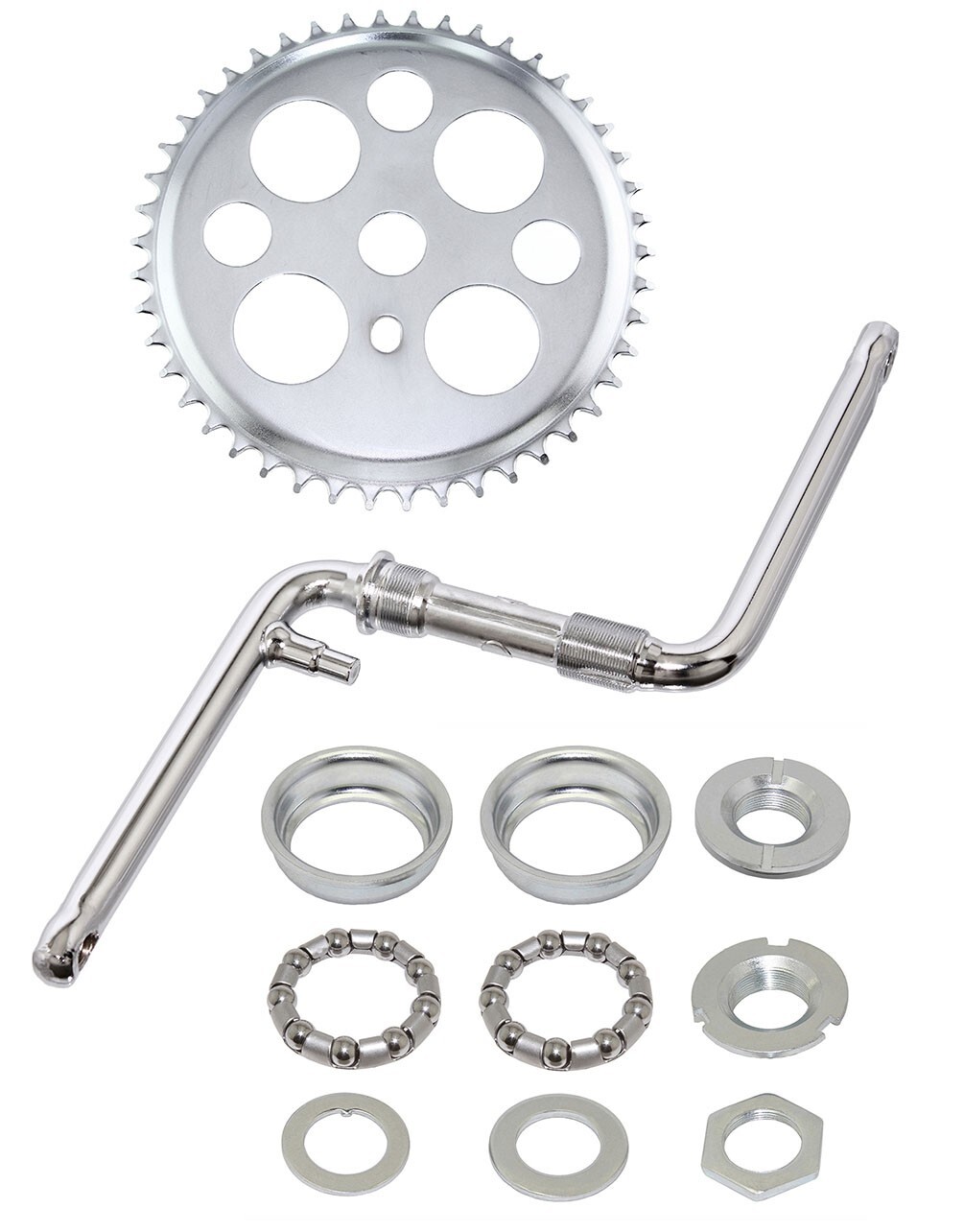 ORIGINAL LUCKY 7 BICYCLE 46T SPROCKET, 6 1/2″ CRANK, BOTTOM BRACKET CHROME SET.