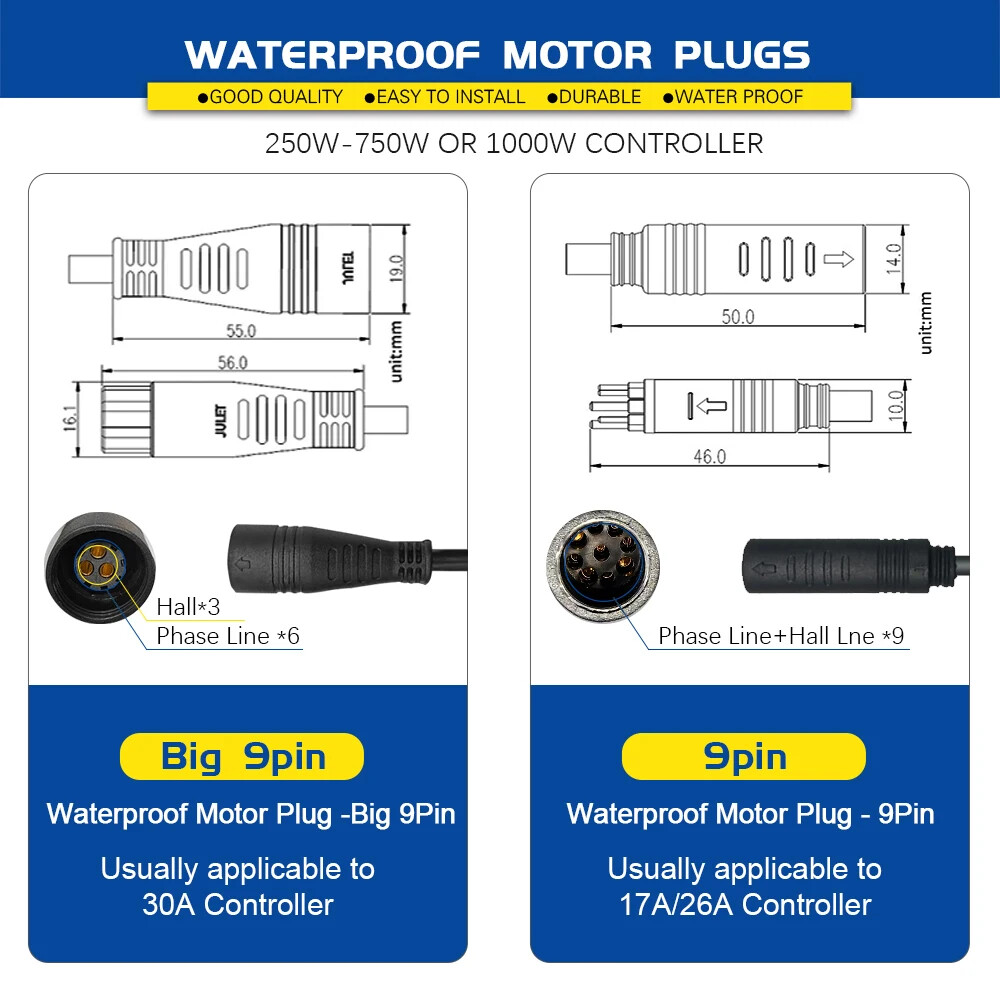 E-bike Sine Wave Waterproof Controller 17A 26A 30A for 250W-1000W Hub Motor