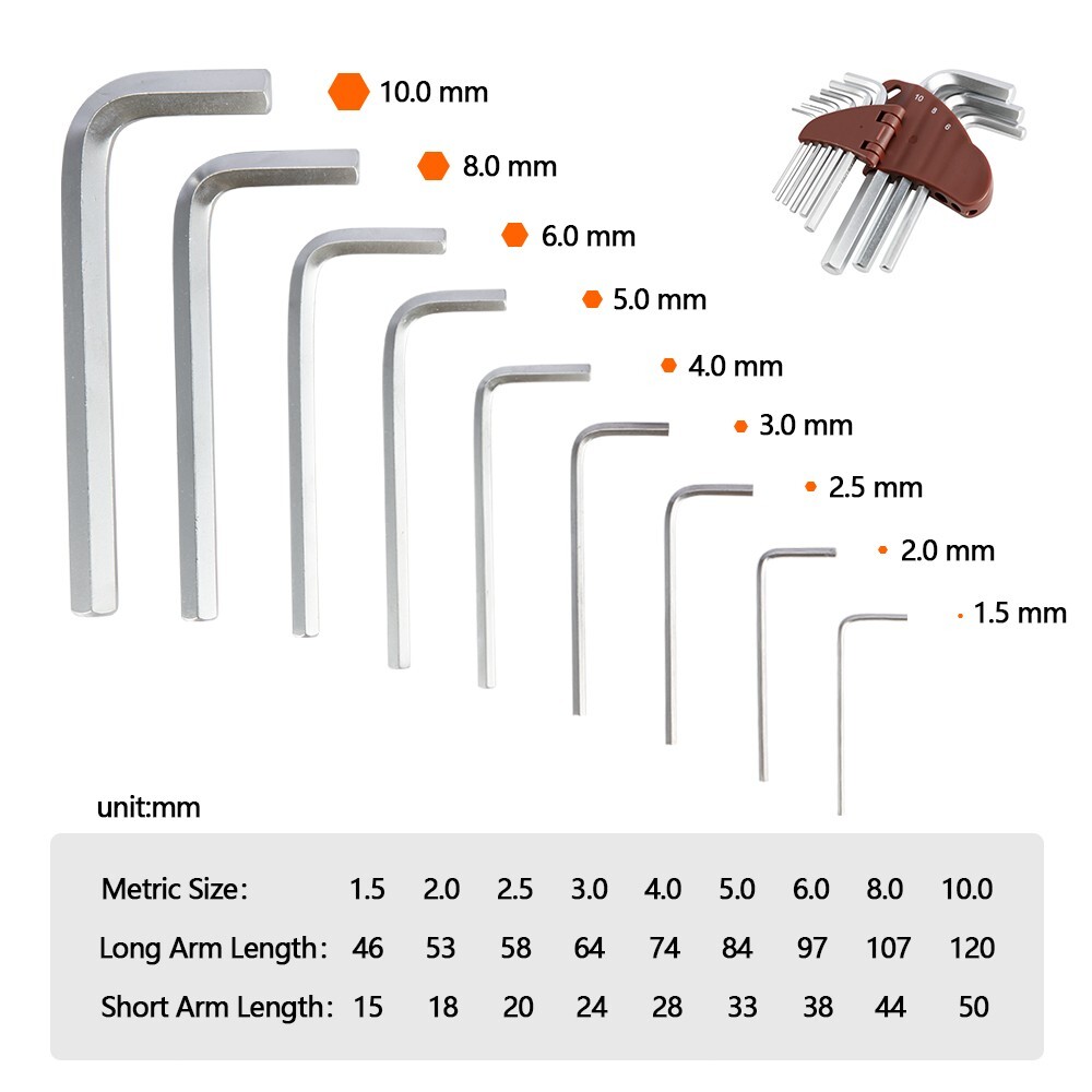 Yose Power Hex Key Allen Wrench Set 9 Pieces 1.5mm-10mm Bicycle Components